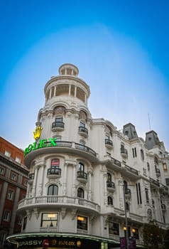 Madrid, Spain Nov 18, 2023, The Edificio Grassy, a building in Gran Via street and a landmark of Madrid. High quality photo