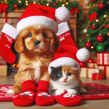 dog and cat and kitens wearing a santa hat, Christmas dog and cat.