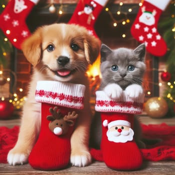 dog and cat and kitens wearing a santa hat, Christmas dog and cat.