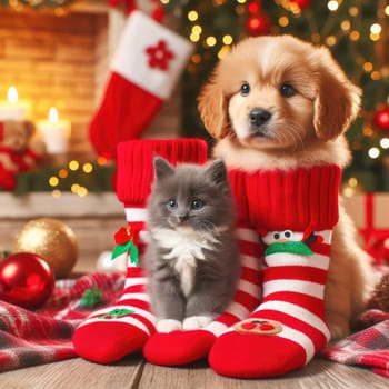 dog and cat and kitens wearing a santa hat, Christmas dog and cat.