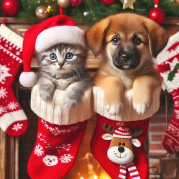 dog and cat and kitens wearing a santa hat, Christmas dog and cat.