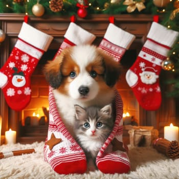 dog and cat and kitens wearing a santa hat, Christmas dog and cat.