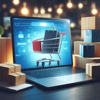 Product package boxes in cart with shopping bag and laptop computer with blurred web store shop on screen for online shopping and delivery concept