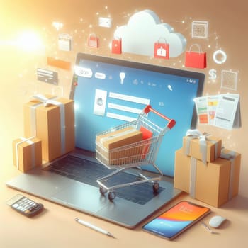 Product package boxes in cart with shopping bag and laptop computer with blurred web store shop on screen for online shopping and delivery concept