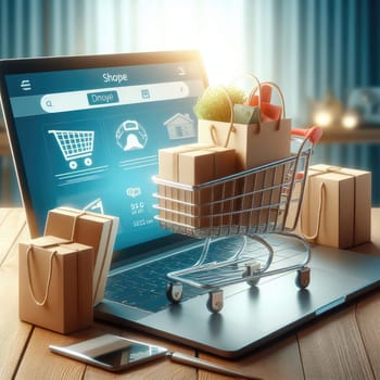 Product package boxes in cart with shopping bag and laptop computer with blurred web store shop on screen for online shopping and delivery concept