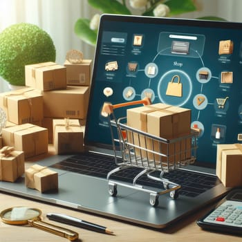 Product package boxes in cart with shopping bag and laptop computer with blurred web store shop on screen for online shopping and delivery concept