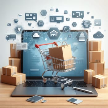 Product package boxes in cart with shopping bag and laptop computer with blurred web store shop on screen for online shopping and delivery concept