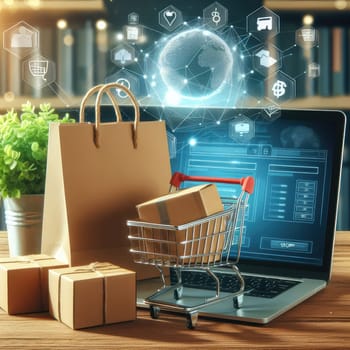 Product package boxes in cart with shopping bag and laptop computer with blurred web store shop on screen for online shopping and delivery concept