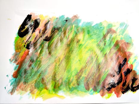 Background made of abstract painting with watercolor paints with water stains, waves and lines in yellow, green, red and black colors. Texture, pattern, frame, copy space and place for text