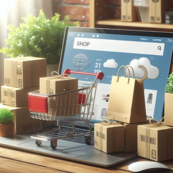 Product package boxes in cart with shopping bag and laptop computer with blurred web store shop on screen for online shopping and delivery concept