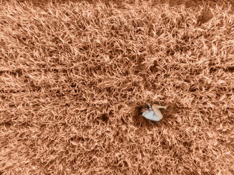 Aerial view of woman lying in the field of wheat. Colored in Peach fuzz color