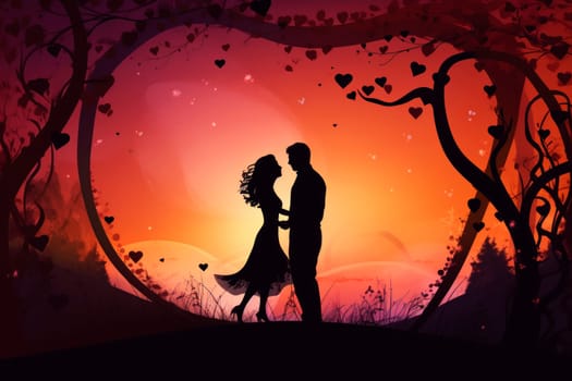 Silhouette of a loving couple of a man and a woman against a sunset background, the concept of love and relationships. Valentine's day background.