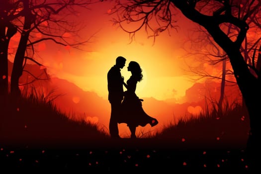 Silhouette of a loving couple of a man and a woman against a sunset background, the concept of love and relationships. Valentine's day background.