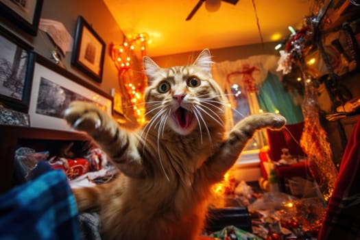 A mischievous cat left alone at home wreaks havoc in a room decorated for Christmas. A cat is having a merry Christmas