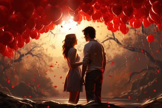 A loving couple, a man and a woman, embrace against a backdrop of bright red balloons, creating an intimate and tender scene