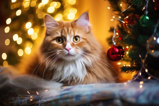 A cute cat poses against a Christmas background, adorned with twinkling lights and a festive tree