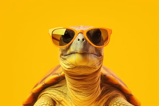 Cute turtle wearing sunglasses on yellow background.