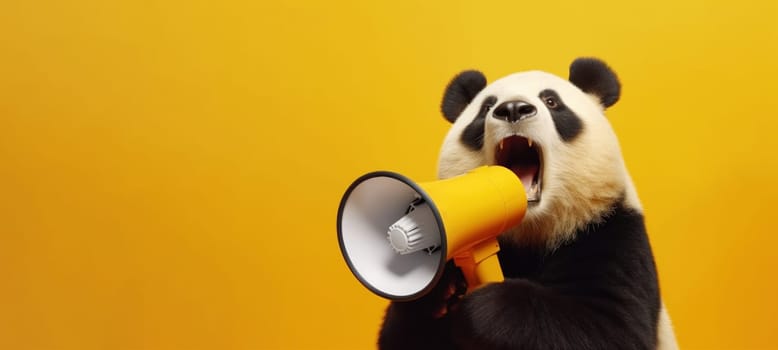 Panda with loudspeaker on yellow background.