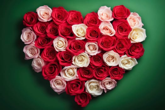 Rose flowers are artfully arranged in the shape of a heart, creating a romantic floral masterpiece. Valentine's Day background. Top view background.