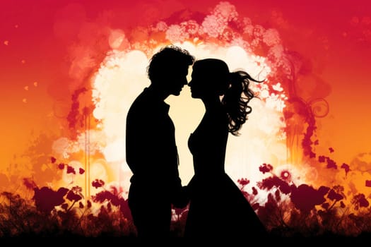 Silhouette of a loving couple of a man and a woman against a sunset background, the concept of love and relationships. Valentine's day background.