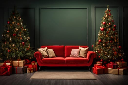 Christmas background with Christmas tree, gifts and sofa against a wall with empty space. Mock up. Christmas card