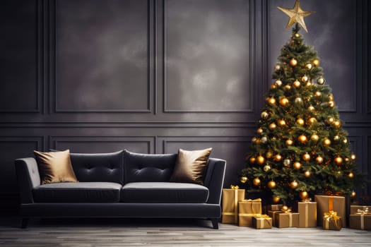 Christmas background with Christmas tree, gifts and sofa against a wall with empty space. Mock up. Christmas card