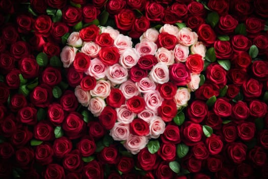 Rose flowers are artfully arranged in the shape of a heart, creating a romantic floral masterpiece. Valentine's Day background. Top view background.