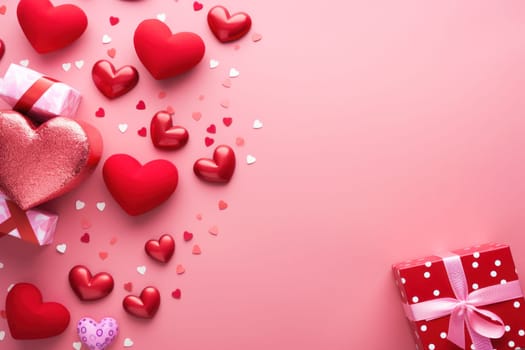 A festive background filled with candy, hearts and gift boxes. Background for Valentine's Day