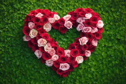 Rose flowers are artfully arranged in the shape of a heart, creating a romantic floral masterpiece. Valentine's Day background. Top view background.