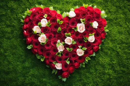 Rose flowers are artfully arranged in the shape of a heart, creating a romantic floral masterpiece. Valentine's Day background. Top view background.