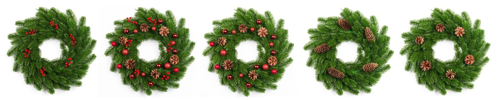 isolated christmas wreath and red balls on white background