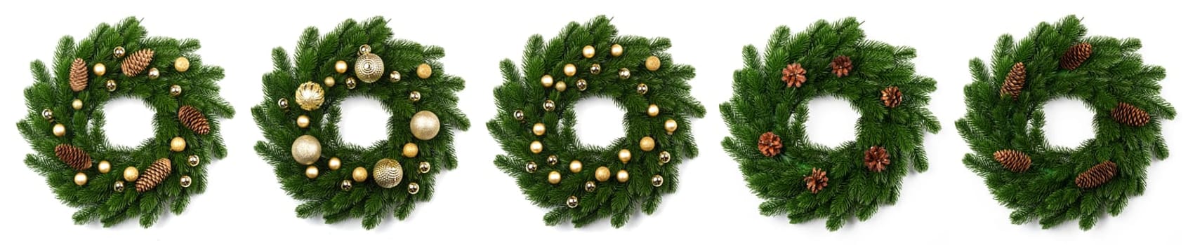 isolated christmas wreath and gold balls on white background