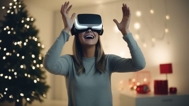 Attractive woman wearing VR goggles exploring cyberspace with Christmas decorated room on background.