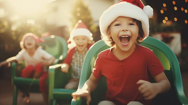 Happy kids in red Santa hat have fun and laughing. Christmas games and fun