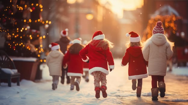 Happy kids in red Santa hat have fun and laughing. Christmas games and fun