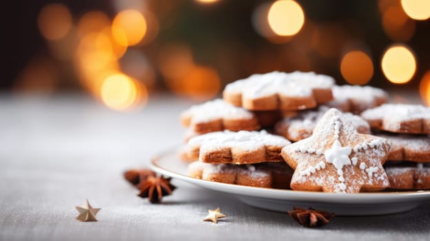Homemade Christmas gingerbread cookies decorated with sweet sugar icing served on plate on white wooden background.