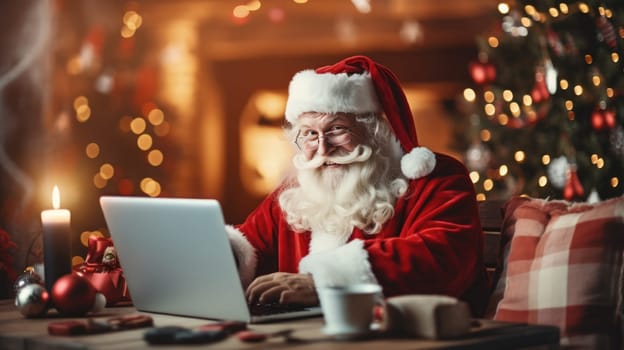 Happy old Santa Claus using laptop computer at home late on Christmas eve. Ecommerce website Boxing Day time holiday online shopping e commerce sale