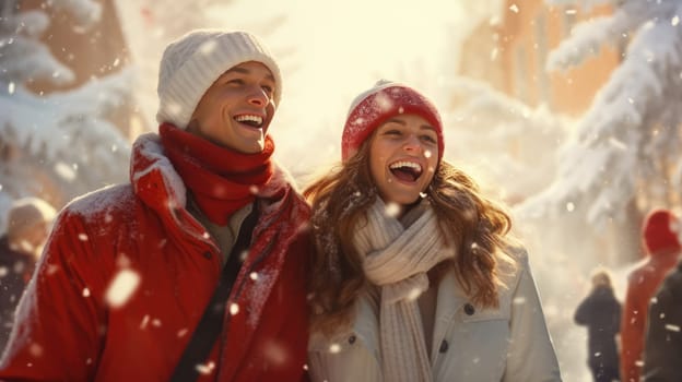 Happy Friends wearing winter clothes celebrating Christmas holiday. People having fun hanging out together walking on city street. Winter holidays and relationship concept.