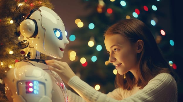 Shot of robot and girl decorating room for Christmas. Holidays and celebration concept. New technology
