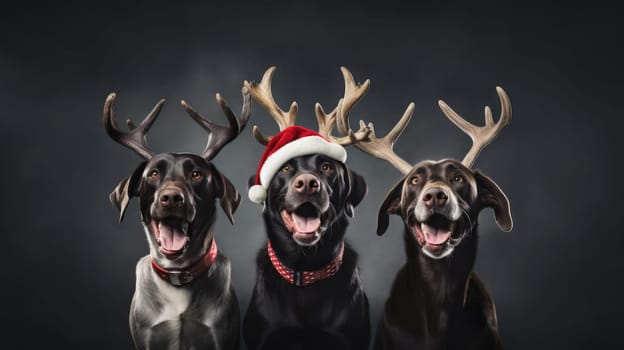 Three dogs celebrating Christmas holidays wearing red Santa Claus hat, reindeer antlers and red present ribbon