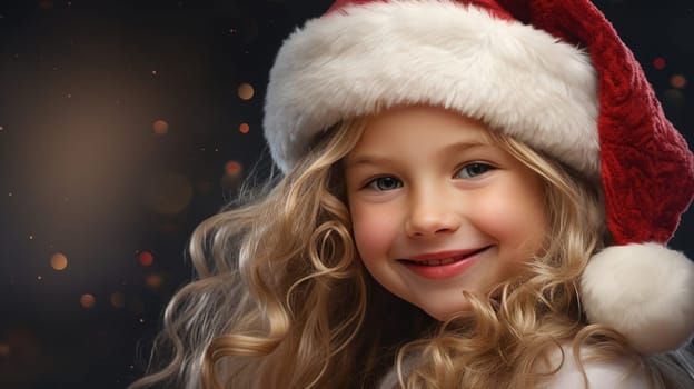 Cute little girl wearing red Santa hat and smiling. Christmas and New Year concept. Copy space
