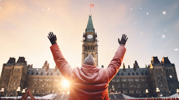 Happy Canadian wearing winter clothes celebrating Christmas holiday at Parliament Hill. People having fun hanging out together walking on city street. Winter holidays and relationship concept.