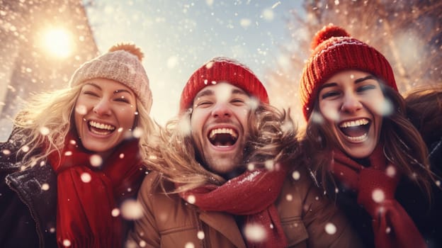 Happy Friends wearing winter clothes celebrating Christmas holiday. People having fun hanging out together walking on city street. Winter holidays and relationship concept.