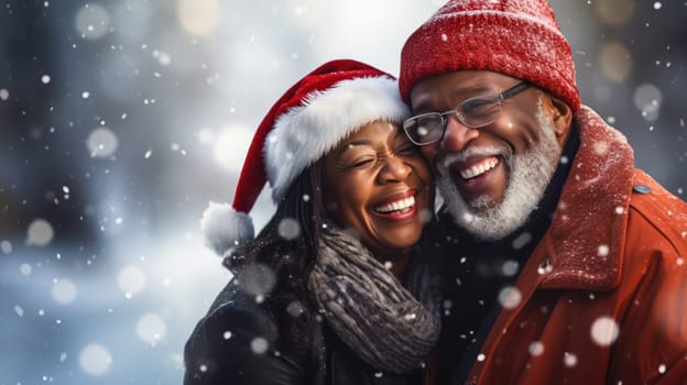 Senior African American couple smiling and wearing Santa hats, looking at camera. Family time Christmas celebration