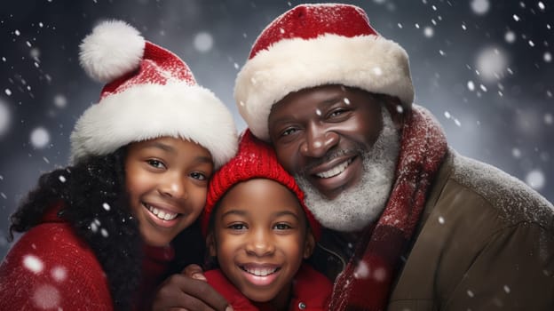 Happy African American family smiling and wearing Santa hats. Family time Christmas celebration. Grandparents and grandchildren