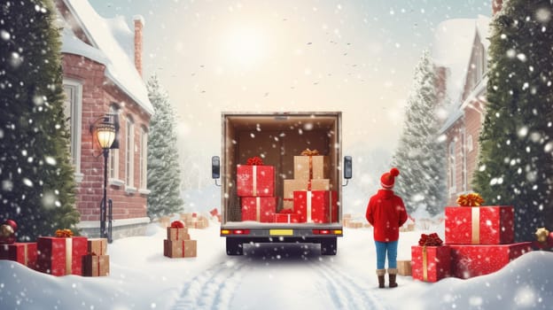Small Christmas trees, gift boxes and toy pickup truck in the snow, bokeh light, New Year and Christmas celebration, boxing day.