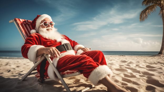 Christmas Santa Claus relaxing on sunlounger at ocean sandy tropical beach under palm leaves. Happy New Year travel destinations to hot countries concept