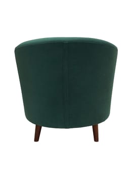 modern green fabric armchair with wooden legs isolated on white background, back view.