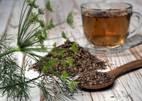 Healthy medicinal tea with dill in a glass cup on a natural table. The concept of dried healthy herbs.