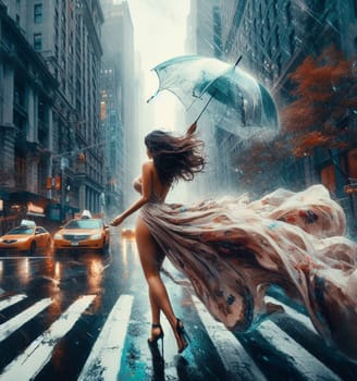 voluptous woman using umbrella joyful wearing a light floral dress under heavy rain in New York City among traffic crossing street painting